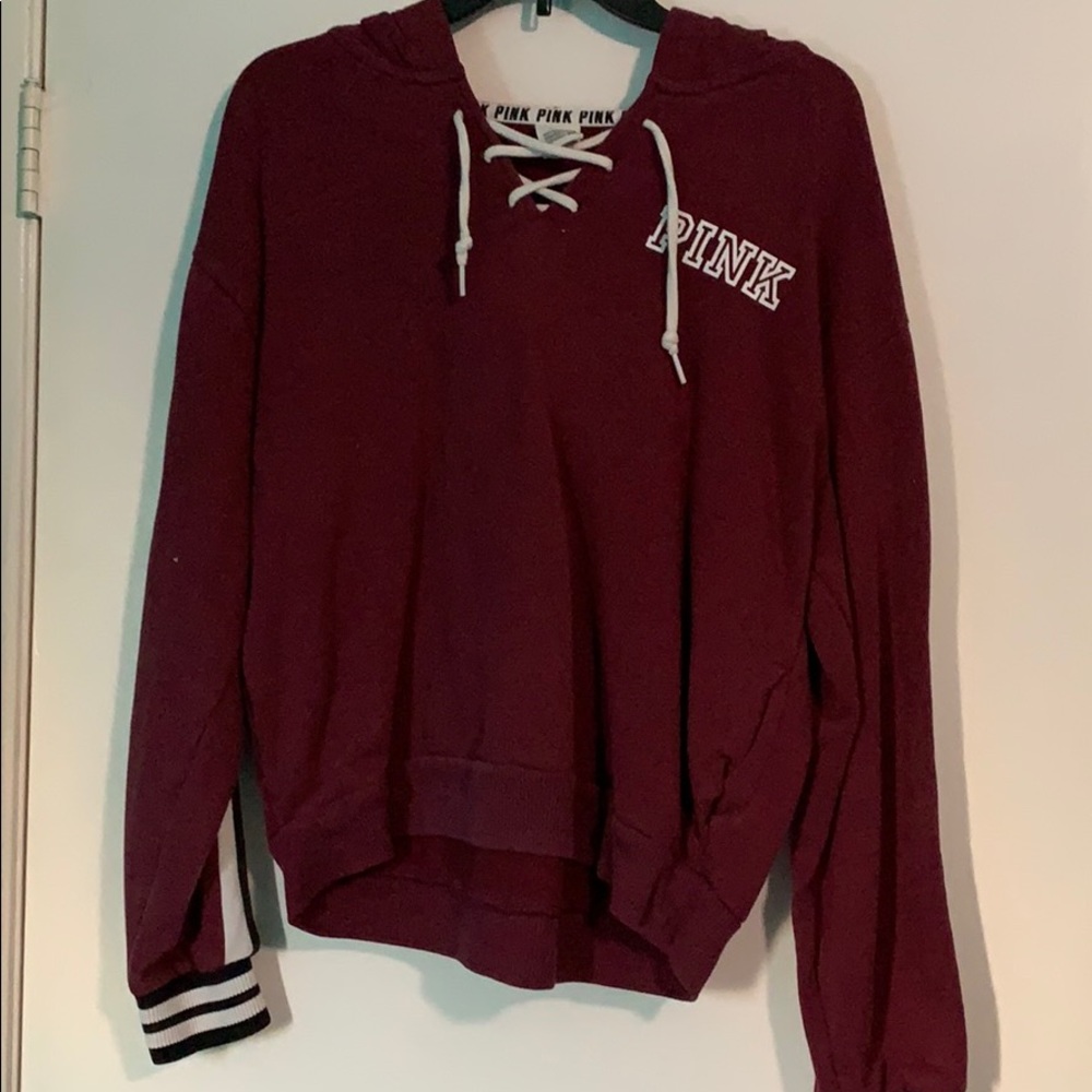 Burgundy pink sweater with lace at the top